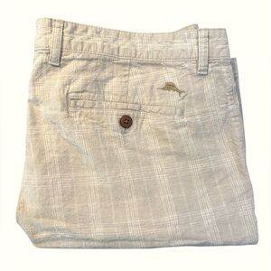 Tommy Bahama Linen Cotton‎ Khaki + White Plaid Shorts Chinos, Zip Fly, Size 36